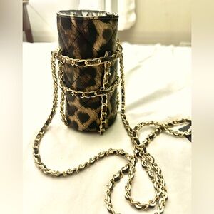 Le Miel NWT cheetah pattern gold chain Insulated Leather Vegan Mini Bottle Bag